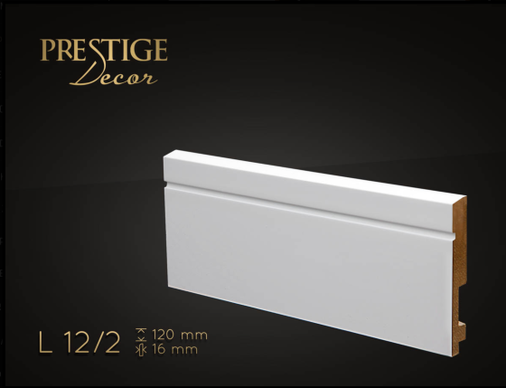 Listwa Prestige Decor L 12/2. Lakierowana, kolor biały RAL 9003. Wymiary 120x16x2500 mm.