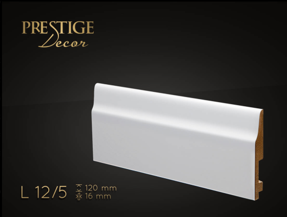 Listwa Prestige Decor L 12/5. Lakierowana, kolor biały RAL 9003. Wymiary 120x16x2500 mm.