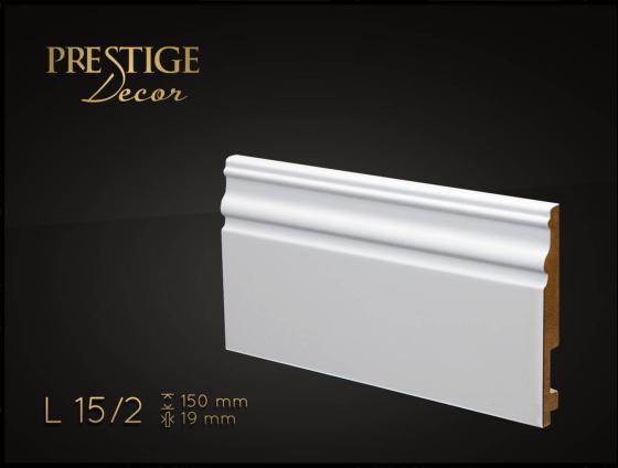 Listwa Prestige Decor L 15/2. Lakierowana, kolor biały RAL 9003. Wymiary 150x19x2500 mm.