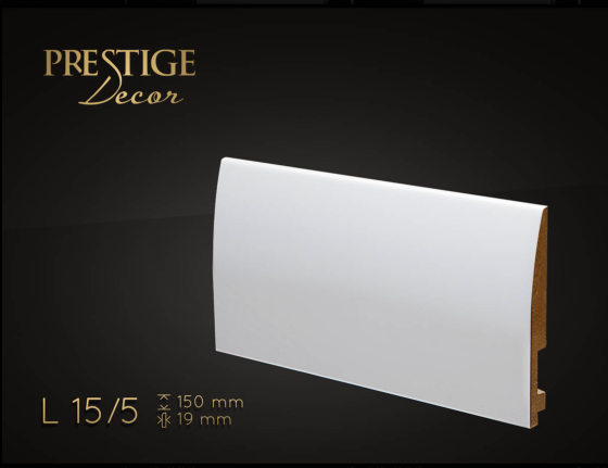 Listwa Prestige Decor L 15/5. Lakierowana, kolor biały RAL 9003. Wymiary 150x19x2500 mm.