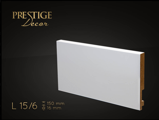 Listwa Prestige Decor L 15/6. Lakierowana, kolor biały RAL 9003. Wymiary 150x16x2500 mm.